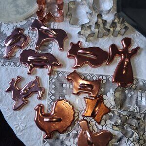 Vintage Copper Christmas Cookie Cutter Lot + Tupperware Container